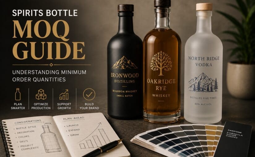 Three spirits bottles displayed with planning materials, color swatches, and design notes illustrating a spirits bottle MOQ guide for understanding minimum order quantities