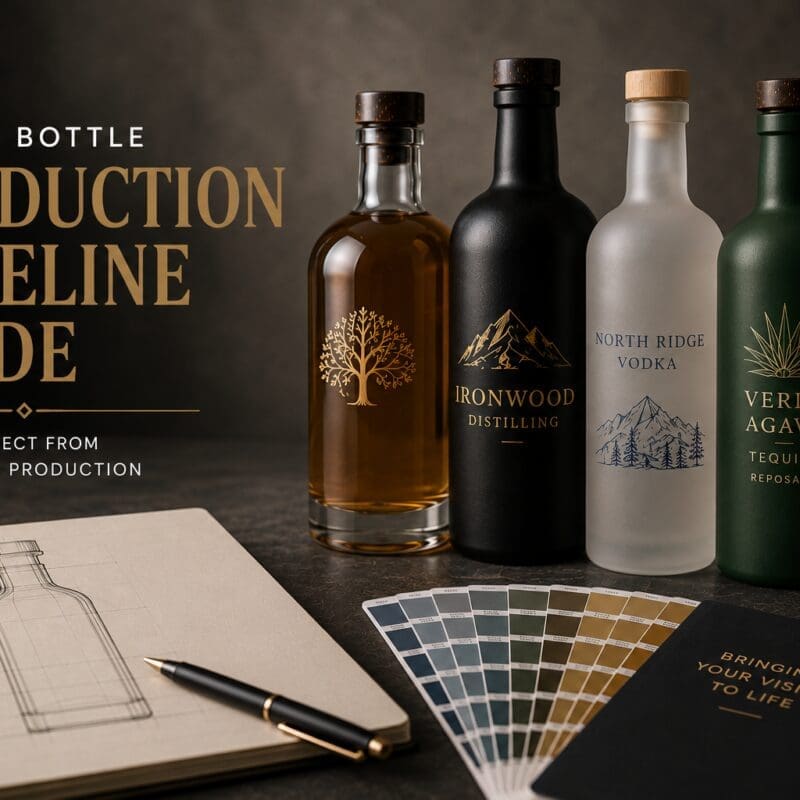 Four branded spirits bottles displayed with design sketches, color swatches, and planning materials on dark surface, showcasing spirits bottle production timeline and glass decorating design process