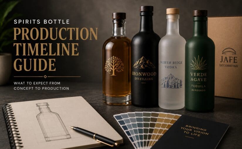 Four branded spirits bottles displayed with design sketches, color swatches, and planning materials on dark surface, showcasing spirits bottle production timeline and glass decorating design process