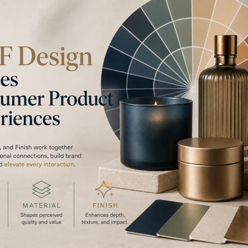 Luxury consumer product display featuring decorated glass bottles, candles, and jars with gold, navy, and burgundy finishes arranged with color palette wheel and material samples