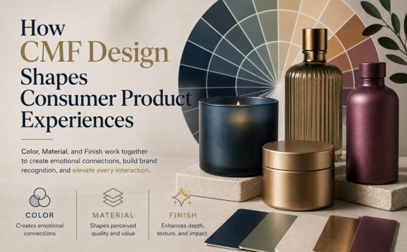 Luxury consumer product display featuring decorated glass bottles, candles, and jars with gold, navy, and burgundy finishes arranged with color palette wheel and material samples