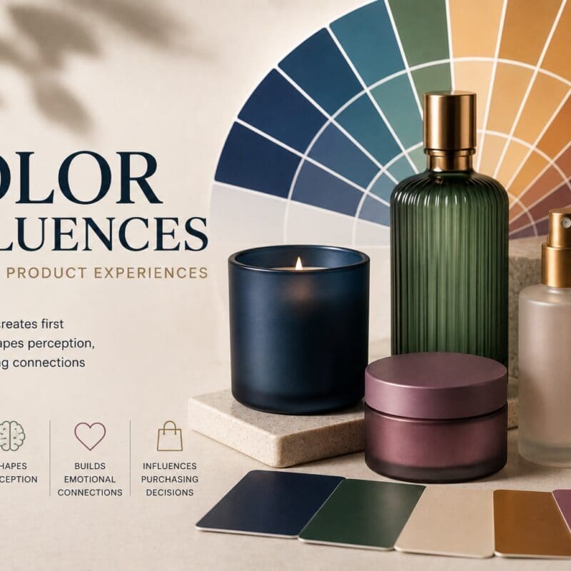 Luxury beauty and home products in navy, green, and rose tones arranged with a color wheel showing how color influences consumer perception and purchasing decisions