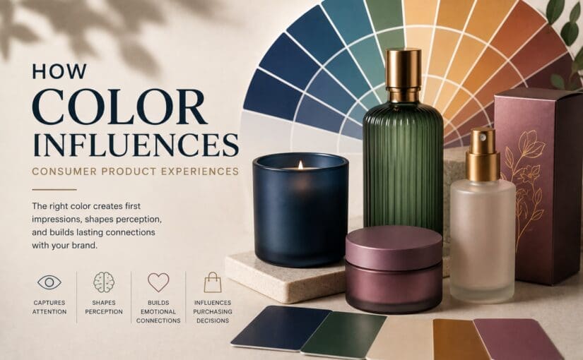 Luxury beauty and home products in navy, green, and rose tones arranged with a color wheel showing how color influences consumer perception and purchasing decisions