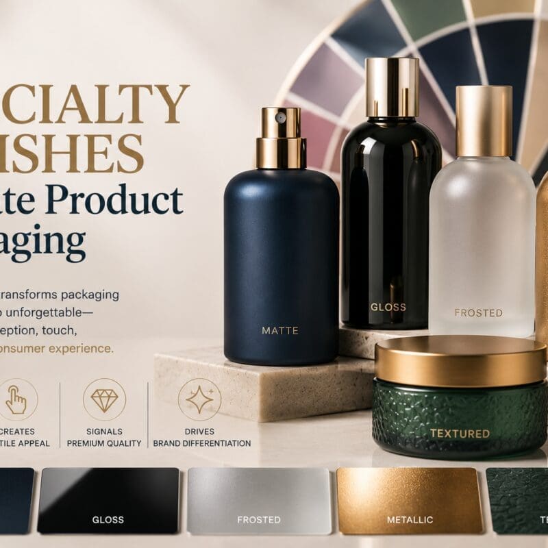 Specialty bottle finishes displayed in matte, gloss, frosted, metallic, and textured options with color swatches below, showcasing premium glass decorating and customization for perfume bottles and product packaging
