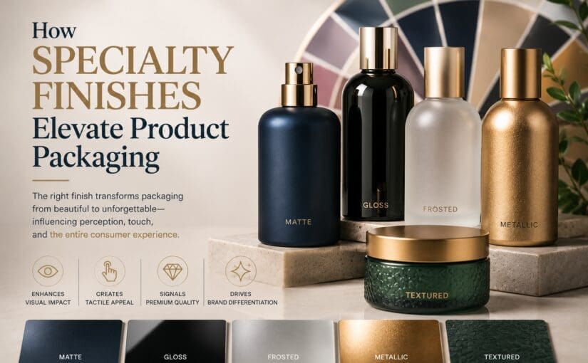 Specialty bottle finishes displayed in matte, gloss, frosted, metallic, and textured options with color swatches below, showcasing premium glass decorating and customization for perfume bottles and product packaging