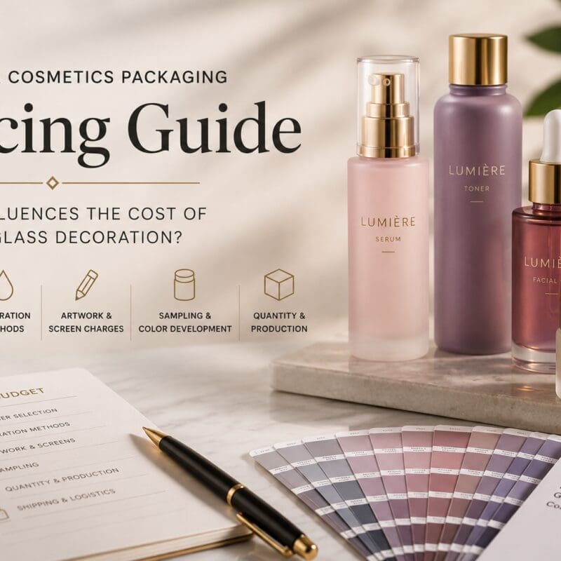 Beauty and cosmetics packaging pricing guide showing decorated glass bottles with gold caps, color swatches, and project budget planning materials for custom glass decoration services