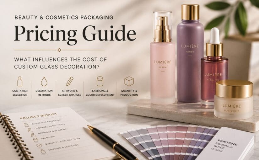 Beauty and cosmetics packaging pricing guide showing decorated glass bottles with gold caps, color swatches, and project budget planning materials for custom glass decoration services