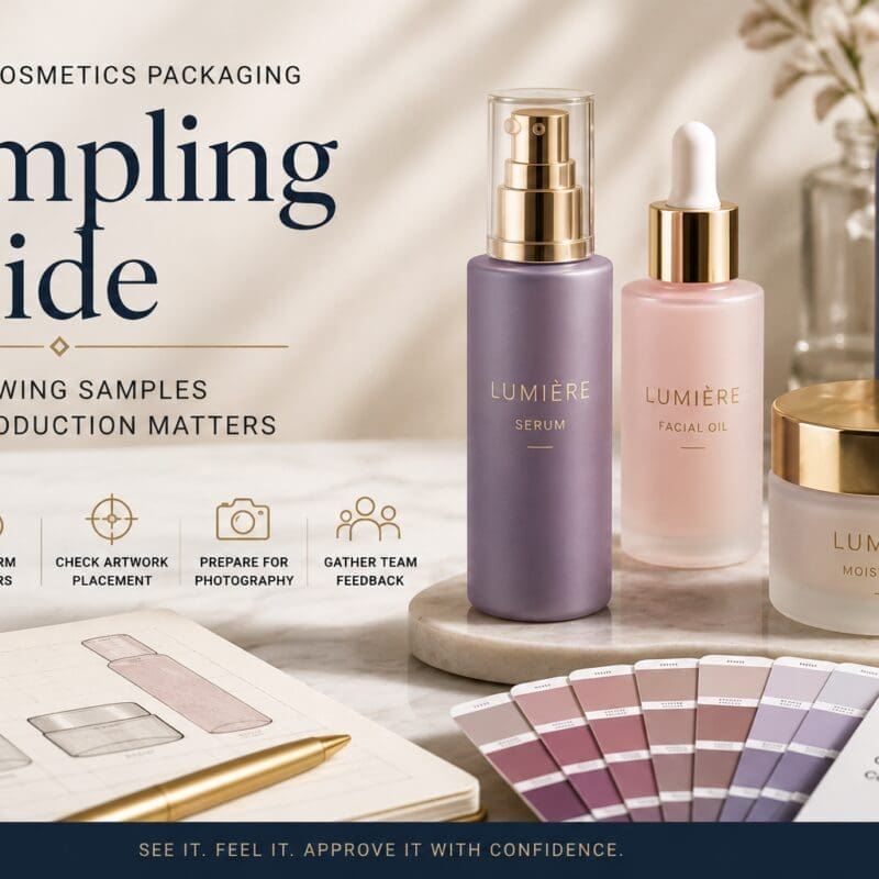 Beauty and cosmetics sampling guide displaying LUMIÈRE skincare products with packaging designs, color swatches, and sketches for quality review before production
