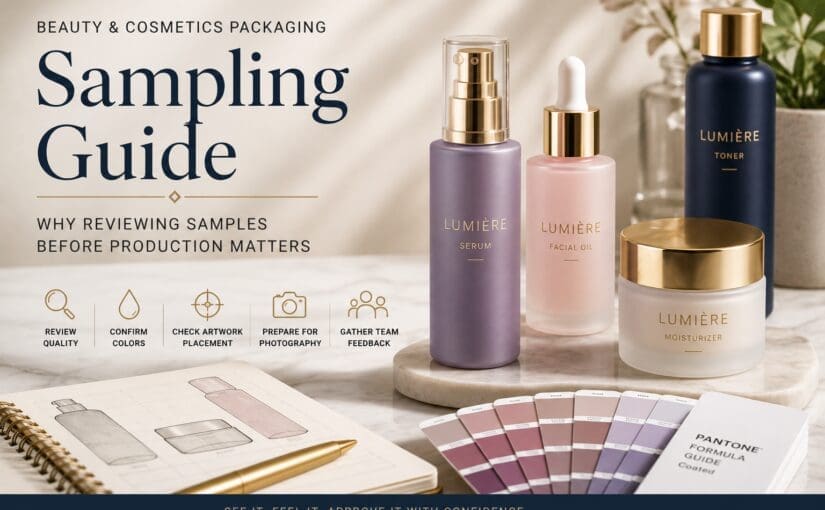 Beauty and cosmetics sampling guide displaying LUMIÈRE skincare products with packaging designs, color swatches, and sketches for quality review before production