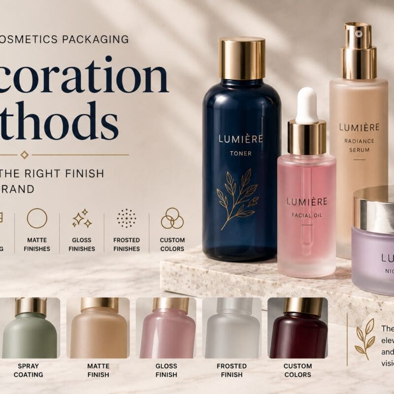 Beauty and cosmetics packaging decoration methods showcased with LUMIÈRE branded bottles and jars in various finishes including screen printing, spray coating, matte, gloss, frosted, and custom colors
