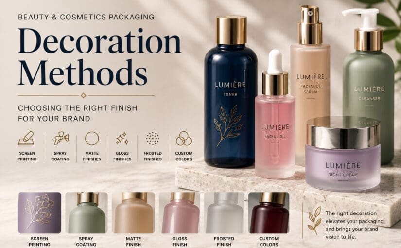 Beauty and cosmetics packaging decoration methods showcased with LUMIÈRE branded bottles and jars in various finishes including screen printing, spray coating, matte, gloss, frosted, and custom colors