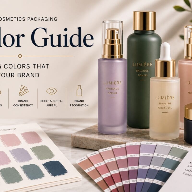 Beauty and cosmetics packaging color guide featuring LUMIÈRE branded skincare products with gold accents, displayed alongside Pantone color swatches and custom color development samples