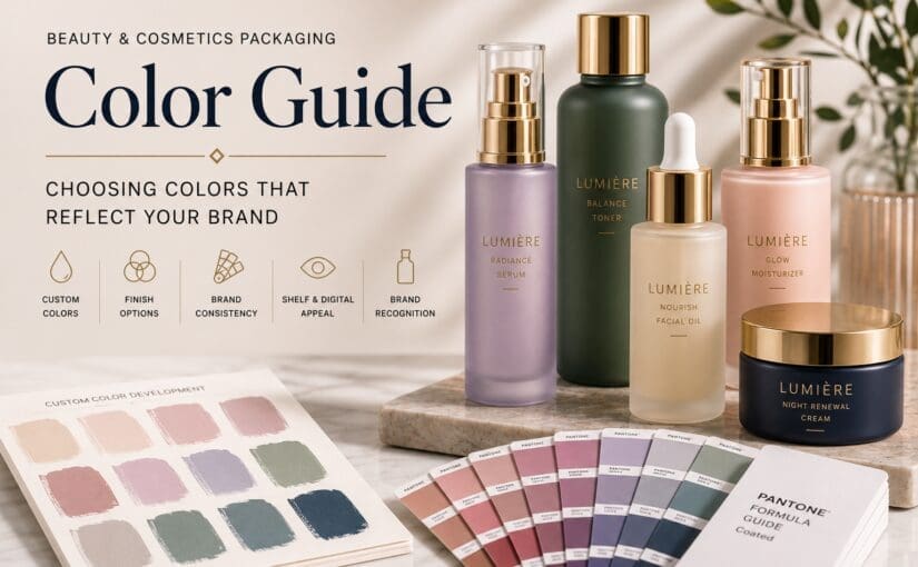 Beauty and cosmetics packaging color guide featuring LUMIÈRE branded skincare products with gold accents, displayed alongside Pantone color swatches and custom color development samples