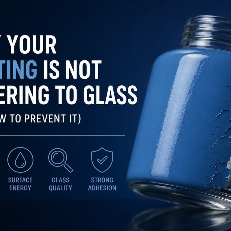 Blue painted glass jar with peeling coating showing adhesion failure, accompanied by text explaining surface preparation, surface energy, glass quality, and strong adhesion factors