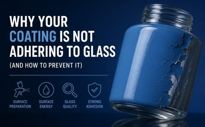 Blue painted glass jar with peeling coating showing adhesion failure, accompanied by text explaining surface preparation, surface energy, glass quality, and strong adhesion factors