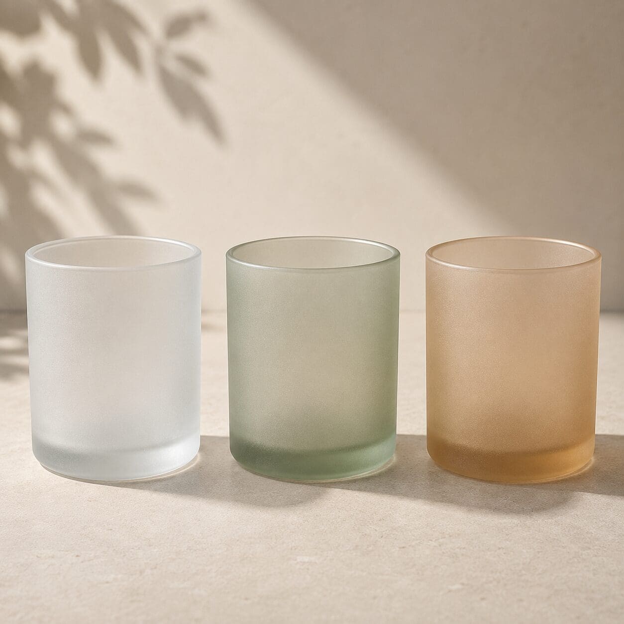 Three frosted glass jars in white, sage green, and warm tan displayed on a textured surface with leaf shadows, showcasing options for candle jar decorating and glass screen printing services