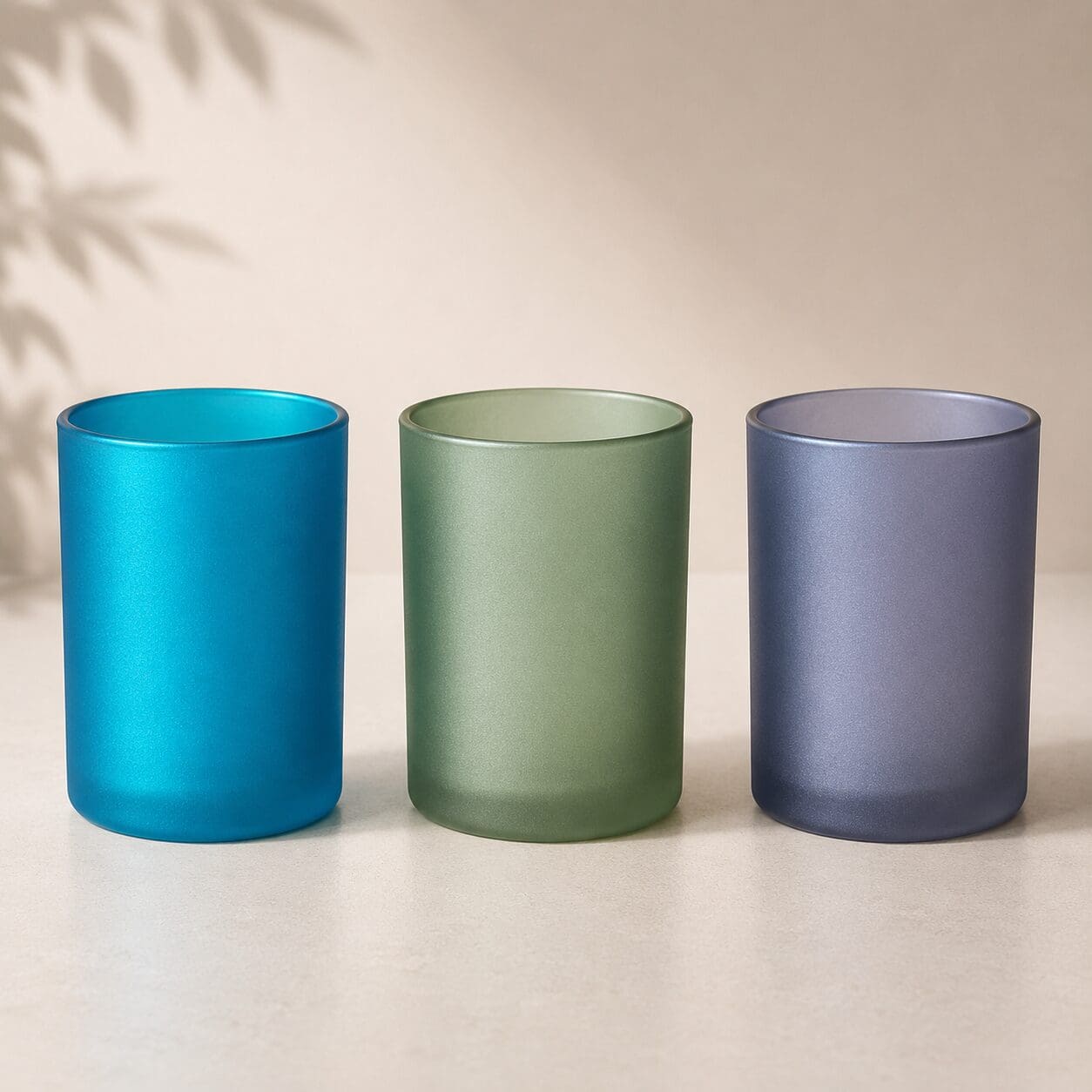 Three frosted glass cylinders in turquoise, sage green, and slate blue, arranged in a row on a neutral surface with natural lighting