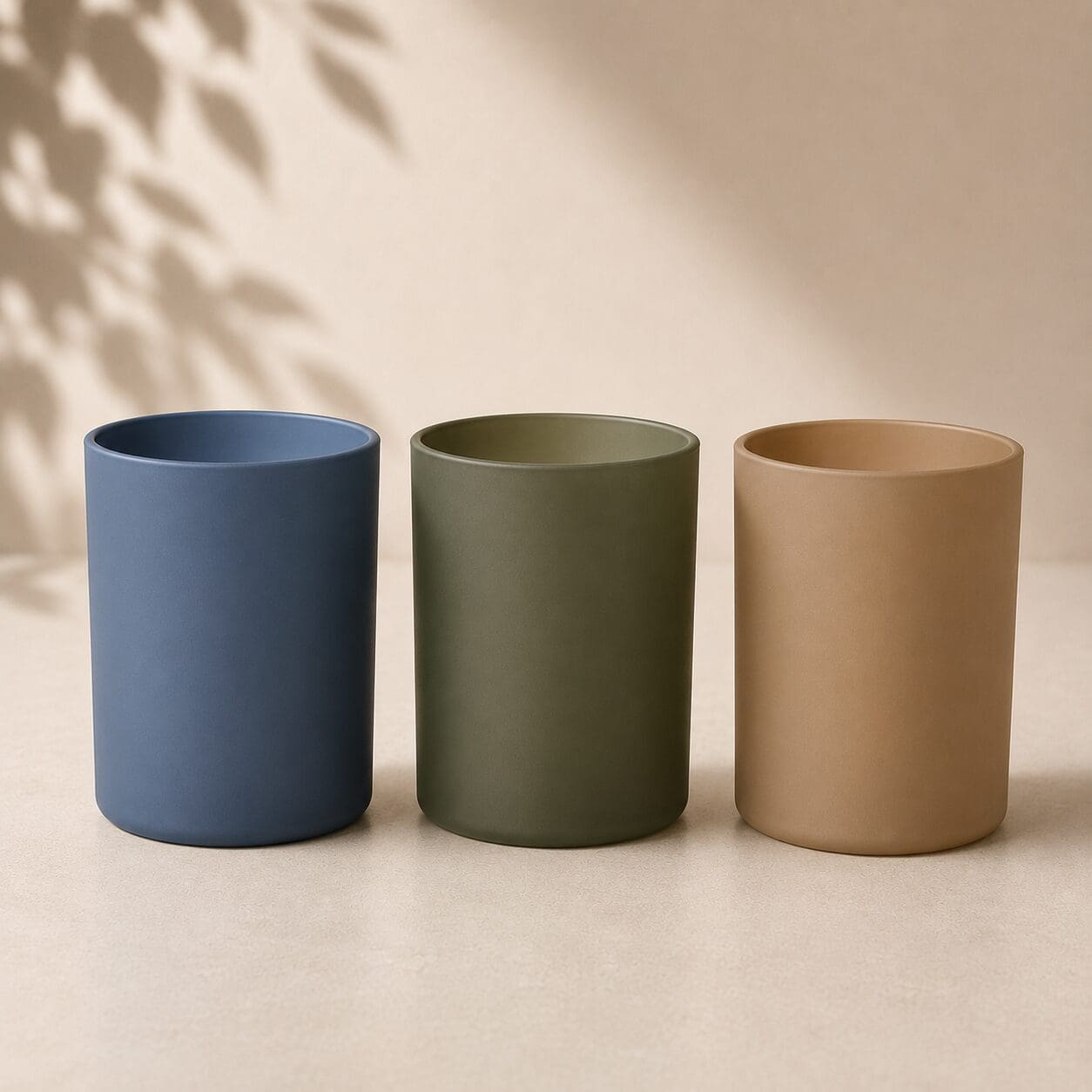 Three cylindrical ceramic mugs in blue, sage green, and tan arranged side by side on a neutral surface with leaf shadows