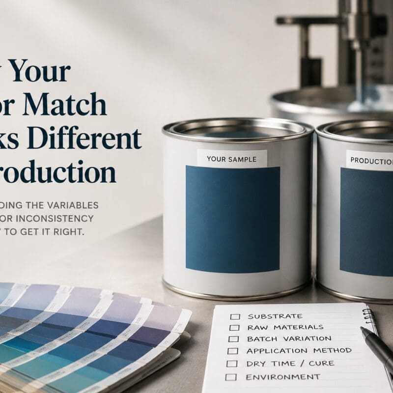 Paint cans with color samples beside a checklist of variables affecting color matching in production, including substrate, raw materials, batch variation, application method, dry time, and environment
