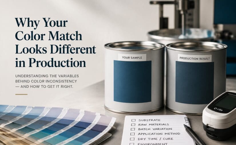 Paint cans with color samples beside a checklist of variables affecting color matching in production, including substrate, raw materials, batch variation, application method, dry time, and environment
