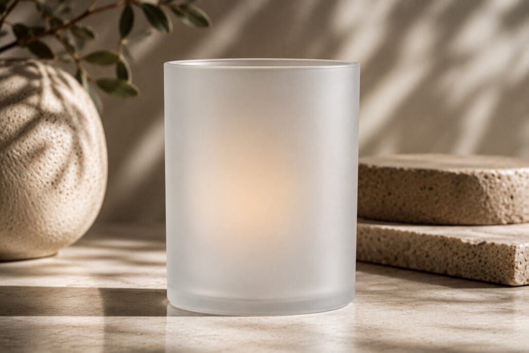 Frosted glass candle jar on wooden surface with decorative stones and potted plant, showcasing blank glass for customization