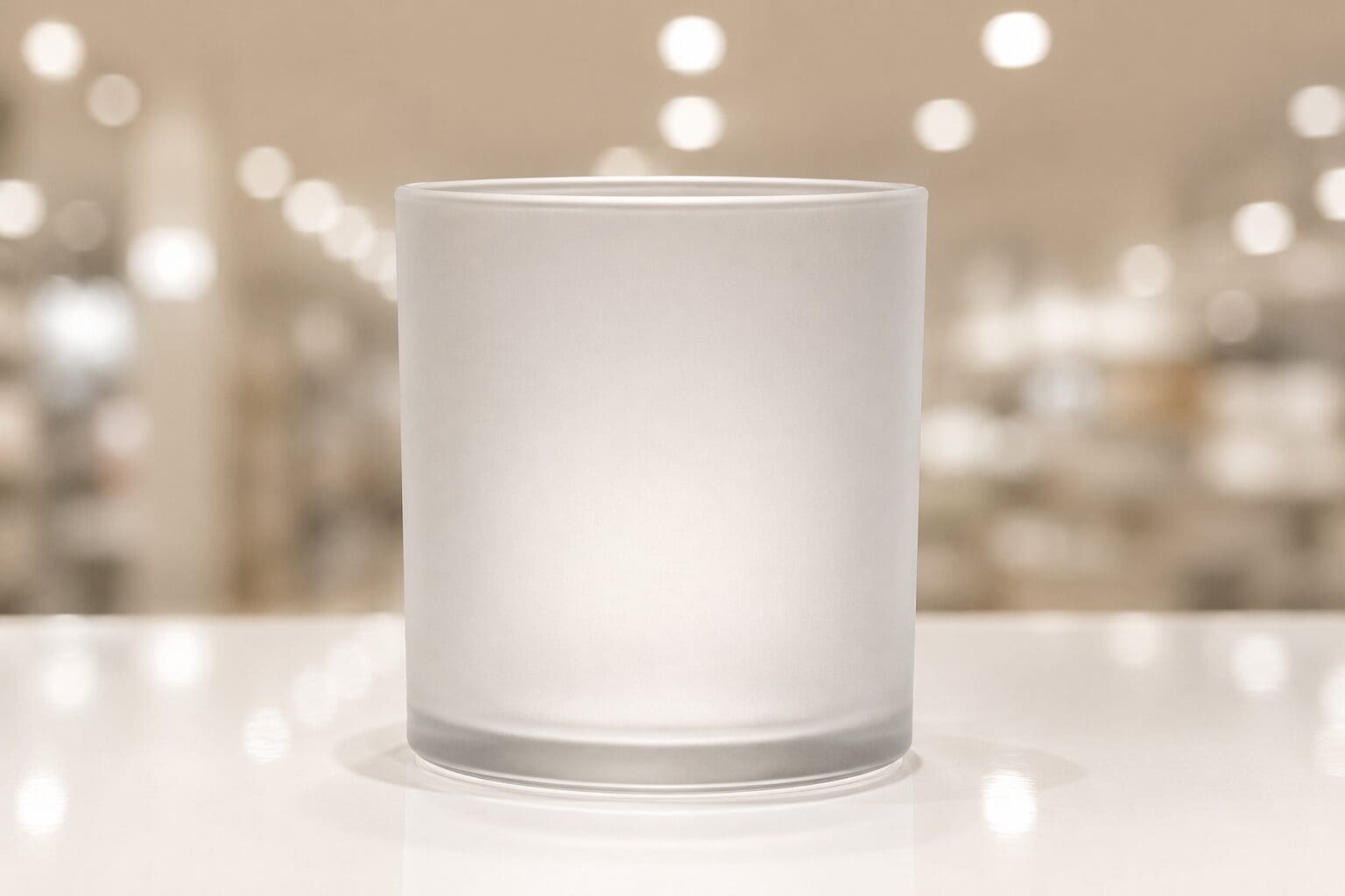 Blank white cylindrical glass jar with frosted finish on blurred bokeh background, ideal for candle jar decorating or glass screen printing projects