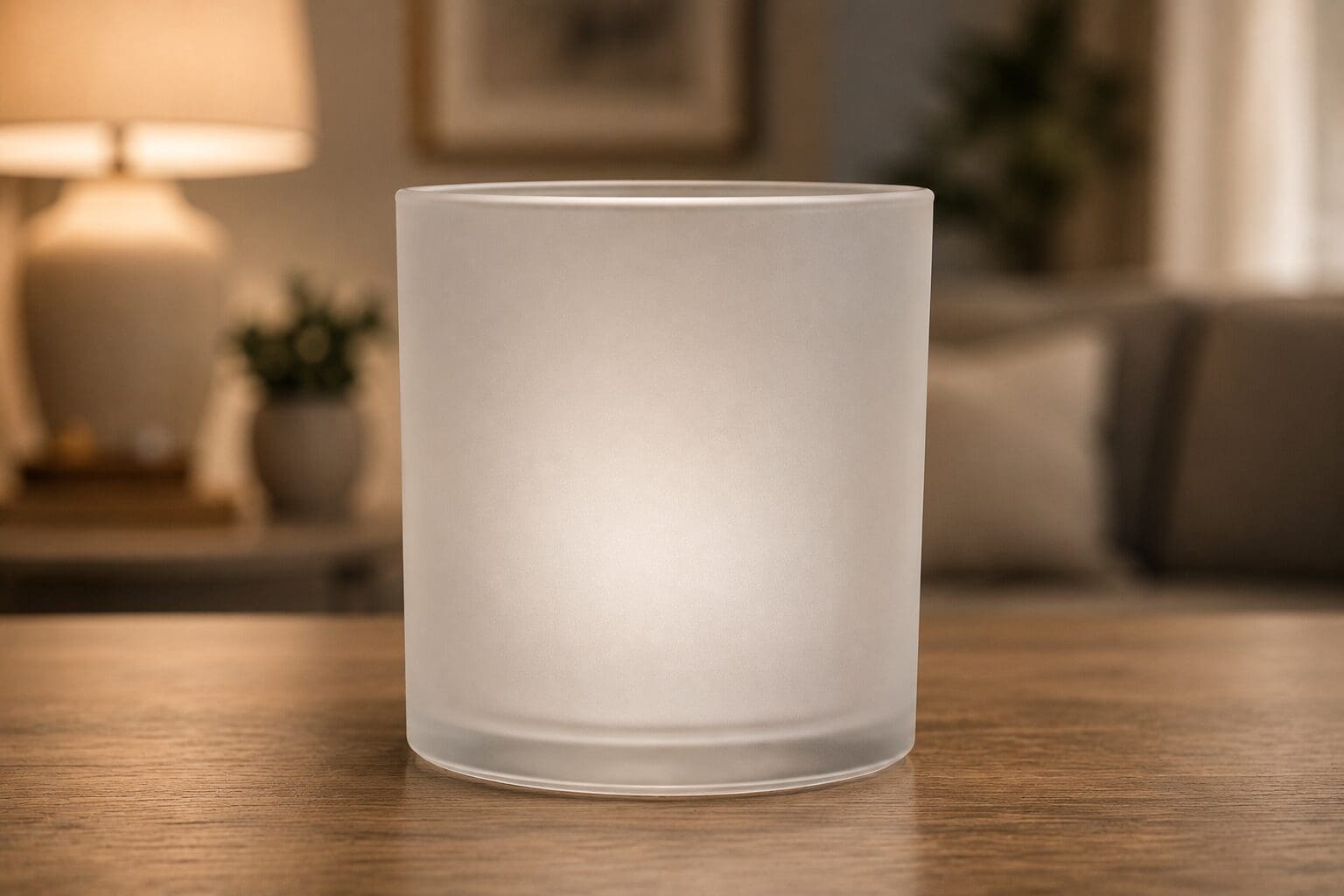 Blank frosted glass cylinder on wooden surface with home decor background, ideal for candle jar decorating or custom glass screen printing projects