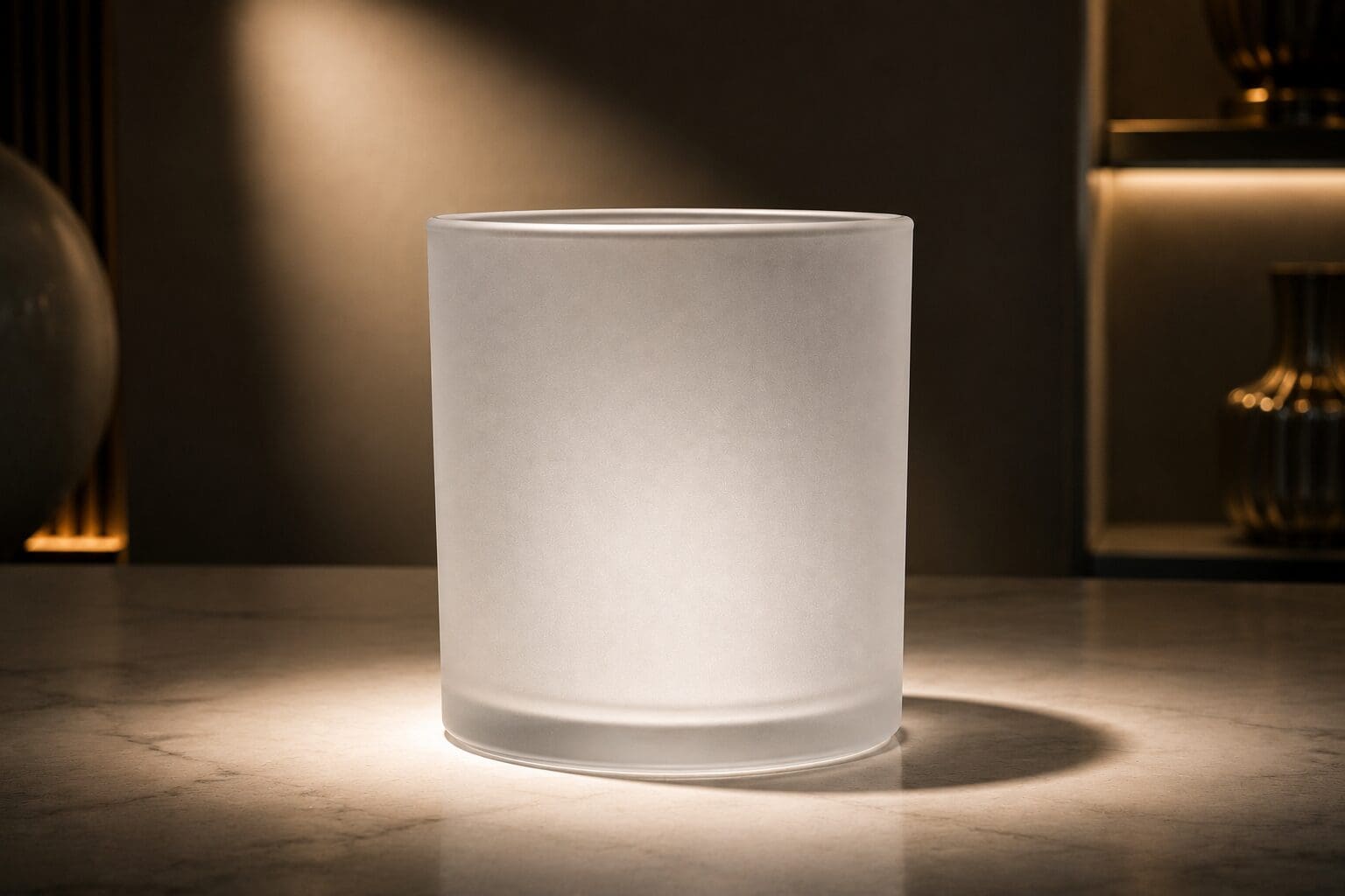 Frosted glass cylinder on marble surface with warm ambient lighting and blurred interior background