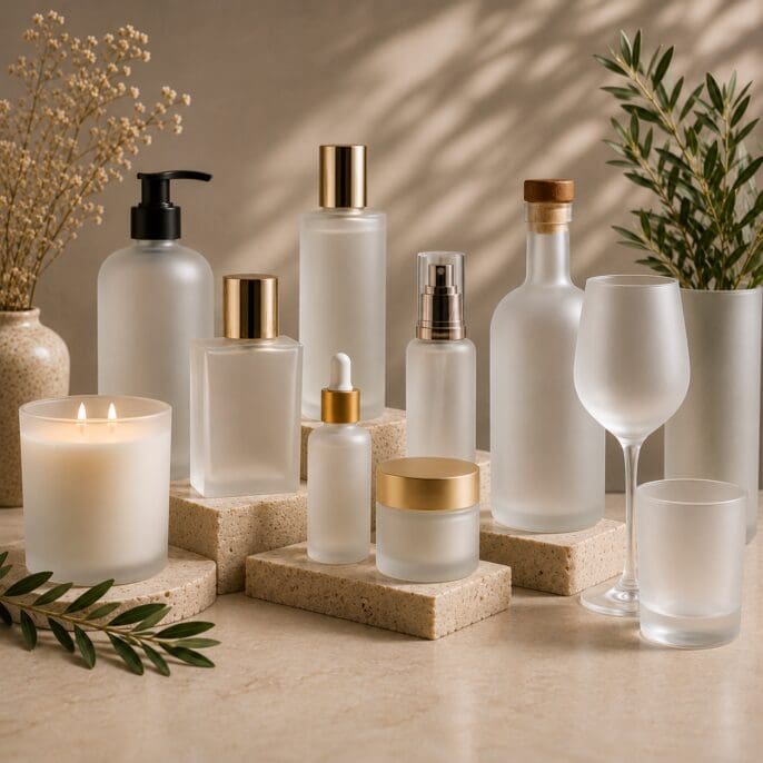 Luxury spa and beauty product display with frosted glass bottles, gold accents, decorative candles, and natural elements on beige surfaces