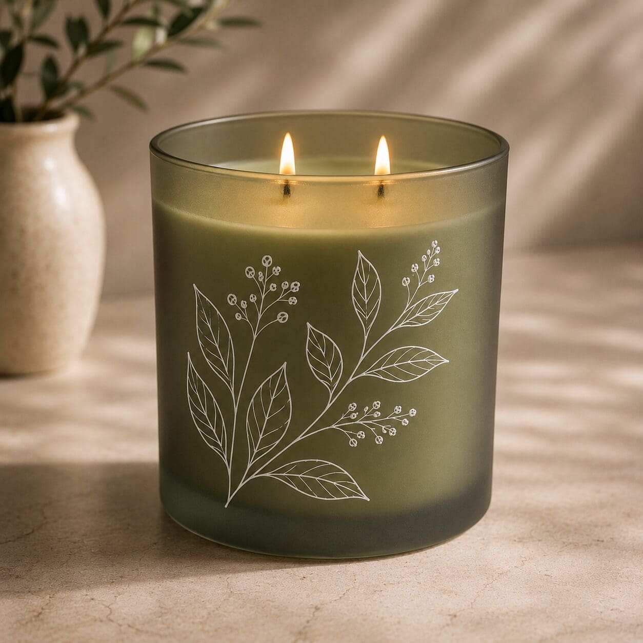 Olive green glass candle jar with dual flames and white botanical leaf design, displayed on neutral surface beside potted plant