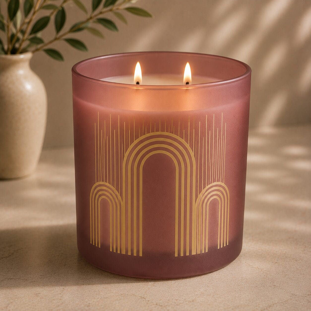 Dusty rose frosted glass candle with dual flames and gold geometric arch design, sitting on neutral surface next to white vase with greenery