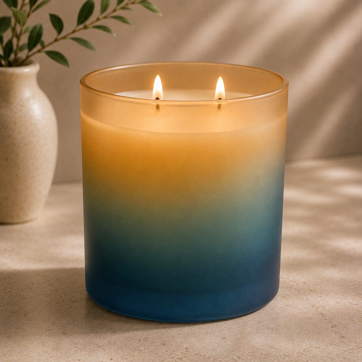 Lit two-wick candle in a gradient glass jar transitioning from golden yellow to deep teal, displayed on a beige surface beside a cream vase with greenery