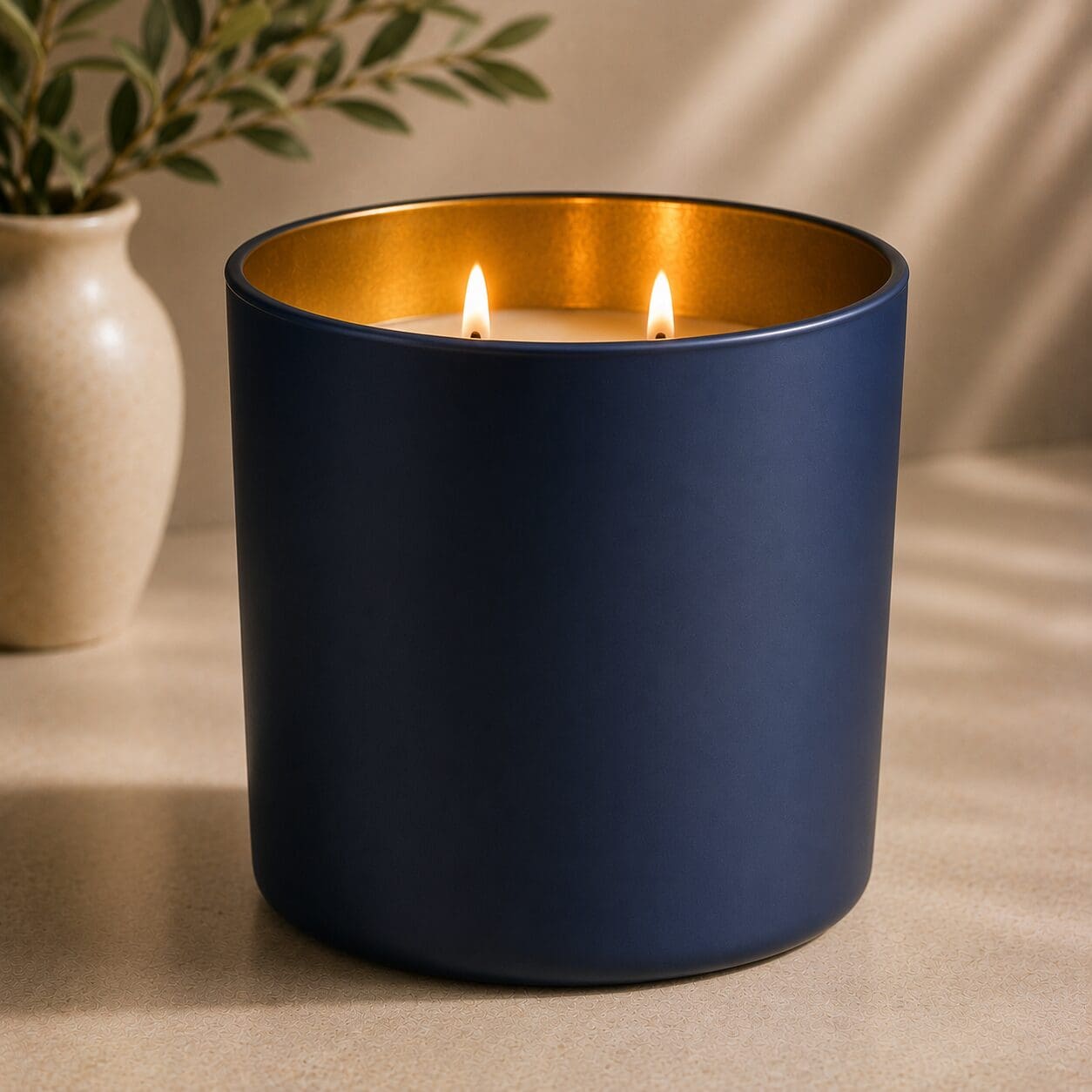 Navy blue cylindrical candle jar with gold interior and two lit wicks, displayed next to a cream ceramic vase with greenery on a neutral surface