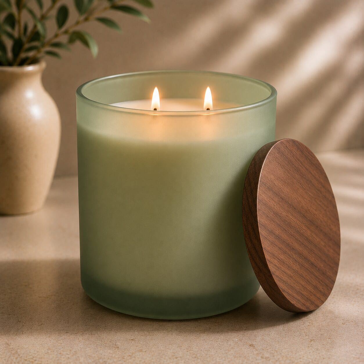 Lit green glass candle with two flames next to a wooden lid, beside a cream vase with greenery on a neutral surface with soft shadows