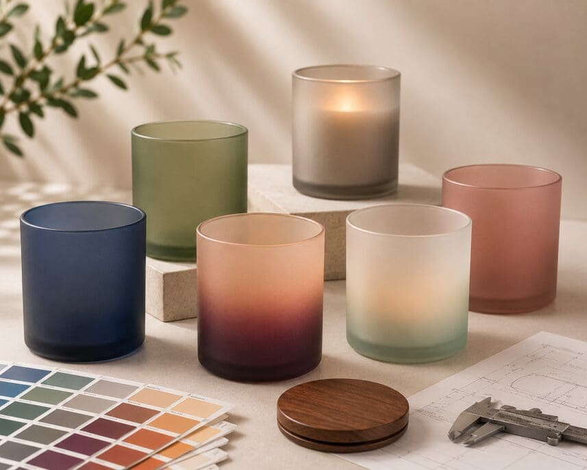 Collection of frosted glass candle jars in navy, sage, blush, and terracotta with color swatches and design tools for candle jar decorating and glass customization
