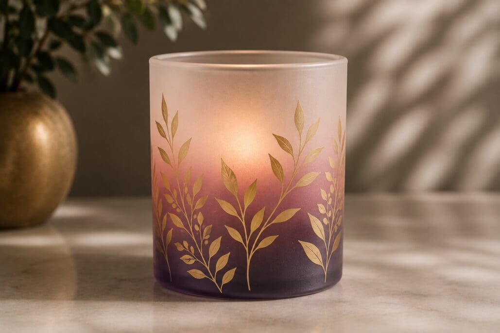 Illuminated decorative glass candle jar with gradient ombre design from deep purple to cream, featuring golden leaf branch patterns and screen-printed botanical motifs