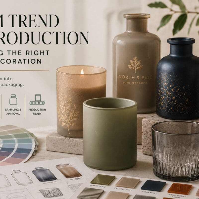 Glass decoration samples including candles, perfume bottles, and drinkware with screen printing, color swatches, and finish options displayed on a design table