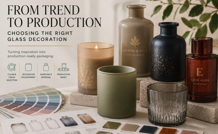 Glass decoration samples including candles, perfume bottles, and drinkware with screen printing, color swatches, and finish options displayed on a design table