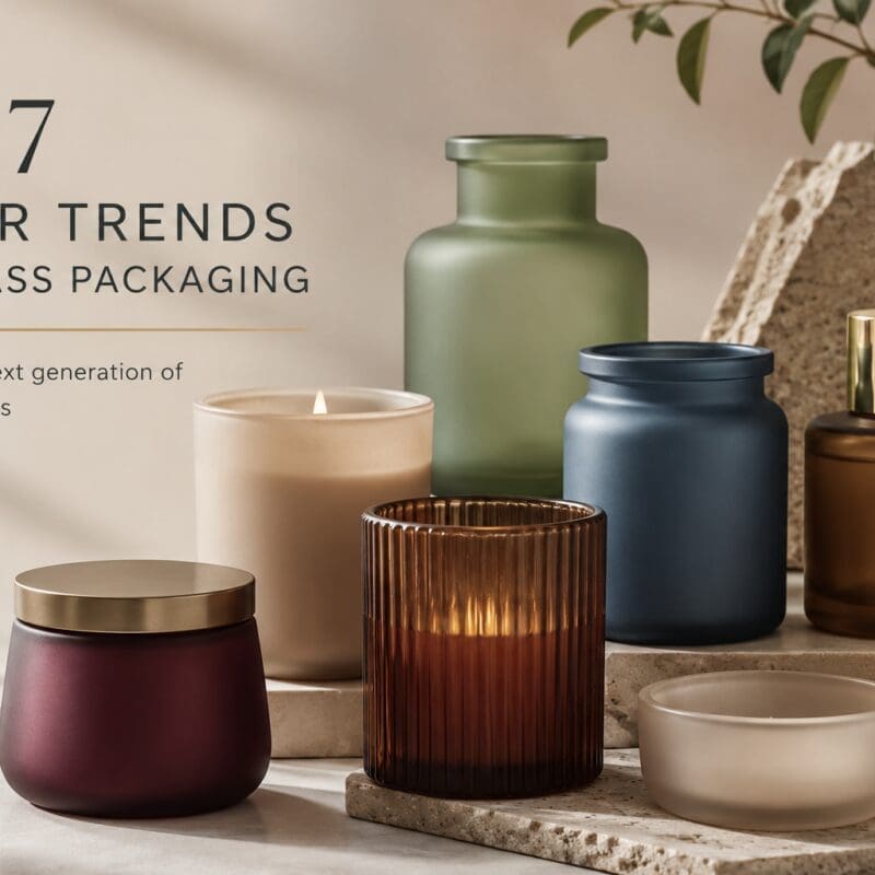 Assorted 2027 glass packaging in sage green, navy blue, burgundy, bronze, and frosted finishes with gold accents, styled for candle jars and decorative bottles