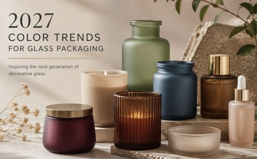 Assorted 2027 glass packaging in sage green, navy blue, burgundy, bronze, and frosted finishes with gold accents, styled for candle jars and decorative bottles