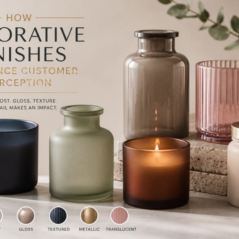Six decorative glass containers displaying different finishes—matte, frost, gloss, textured, metallic, and translucent—showcasing how surface treatments influence customer perception of candle jars and perfume bottles