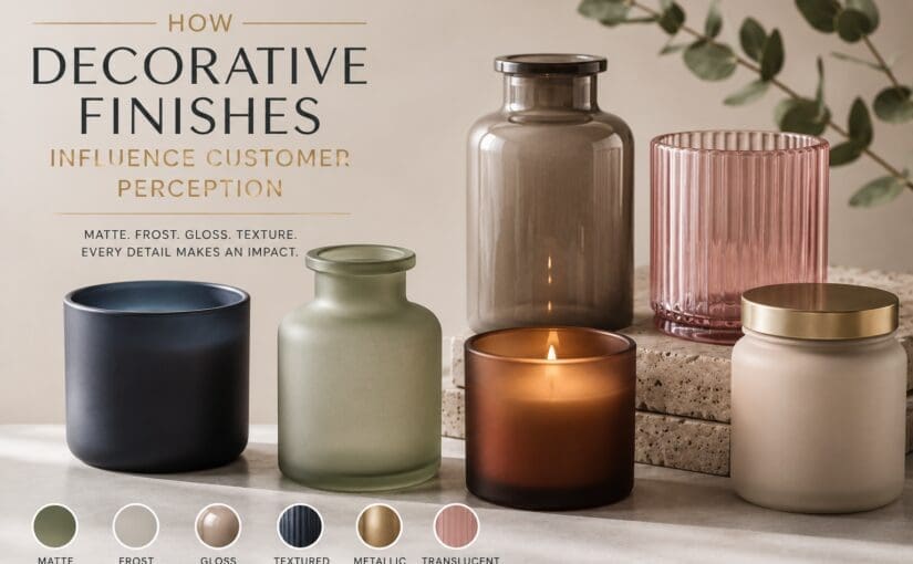 Six decorative glass containers displaying different finishes—matte, frost, gloss, textured, metallic, and translucent—showcasing how surface treatments influence customer perception of candle jars and perfume bottles