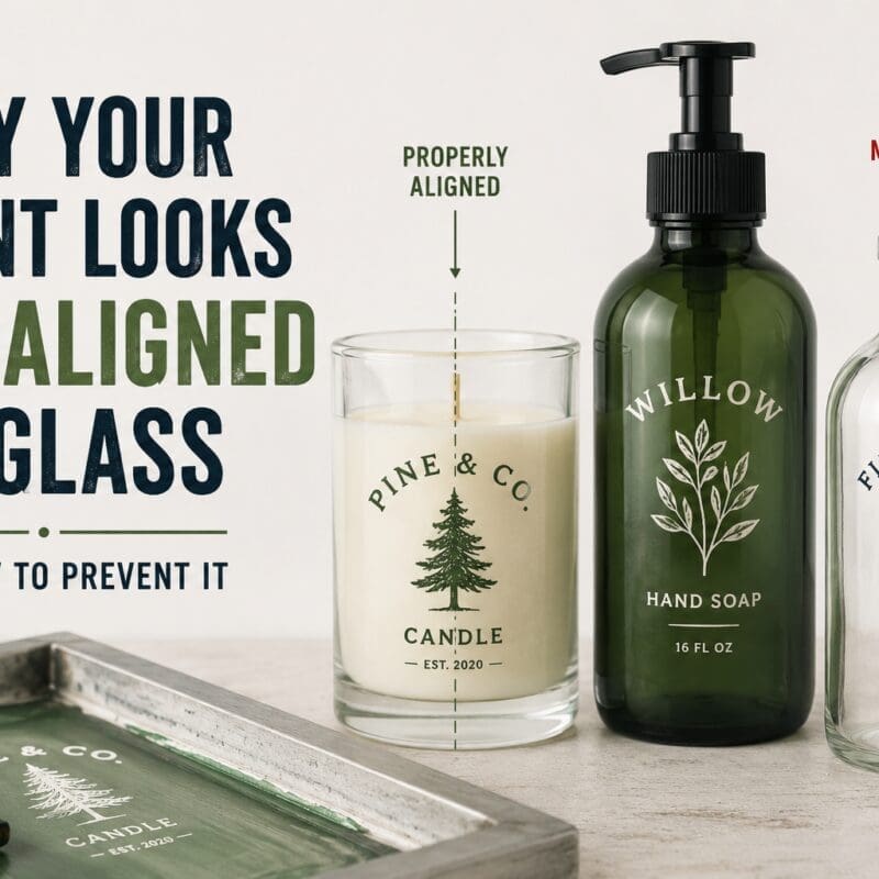 Comparison showing properly aligned versus misaligned screen printed labels on glass candle jars, hand soap bottles, and room spray containers demonstrating print quality issues