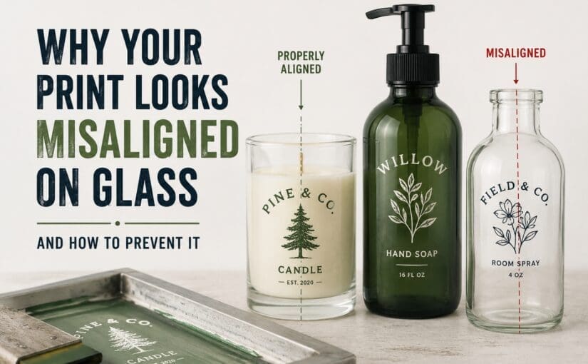 Comparison showing properly aligned versus misaligned screen printed labels on glass candle jars, hand soap bottles, and room spray containers demonstrating print quality issues