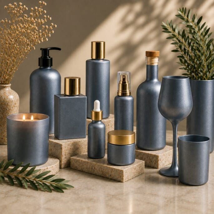 Luxury spa and beauty product collection with matte gray bottles, gold accents, candle, decorative glassware, and dried botanicals on cork platforms