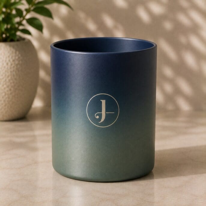 Navy to sage ombre cylindrical candle jar with gold monogram circle and decorative letter J, displayed on marble surface next to potted plant