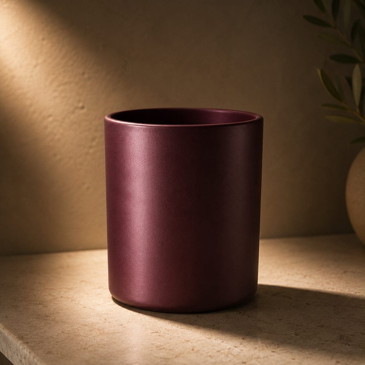Deep burgundy matte cylindrical container with polished rim sitting on beige surface with warm lighting and green plant shadow