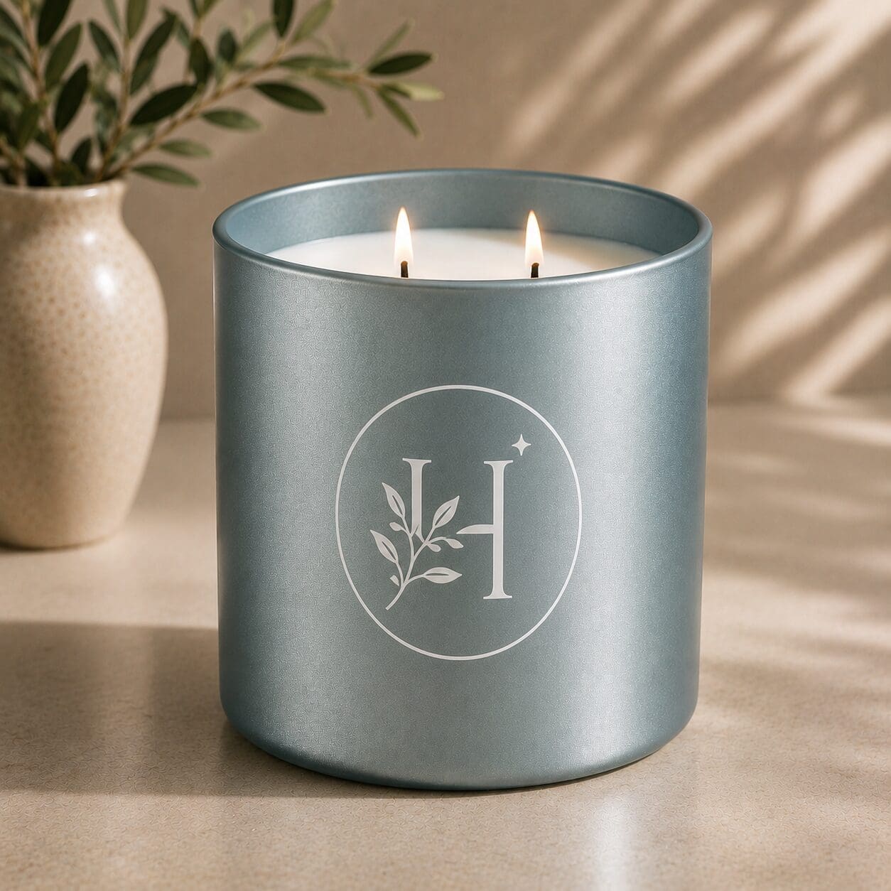 Matte gray cylindrical candle with two lit wicks and engraved botanical monogram design in circular frame, displayed next to cream ceramic vase with greenery in natural sunlit setting