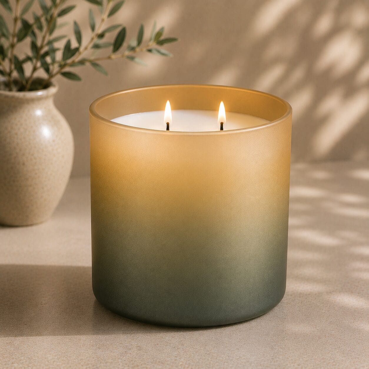 Two-wick luxury candle in ombre glass jar transitioning from gold to sage green, burning brightly next to a cream ceramic vase with greenery and natural sunlight casting shadows