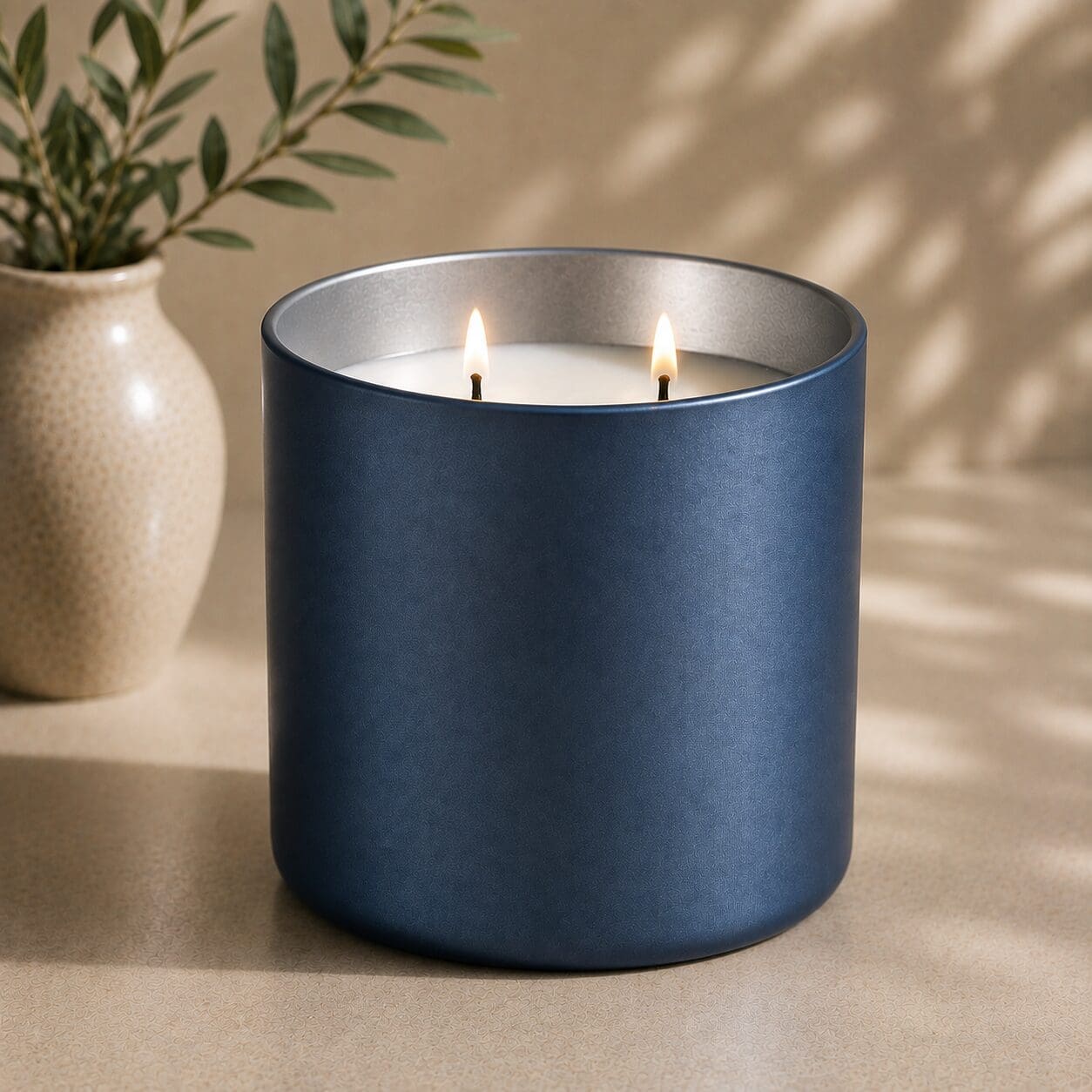 Blue metallic cylindrical candle with two lit flames, silver rim, and white wax, displayed next to a cream textured vase with green plant on neutral background